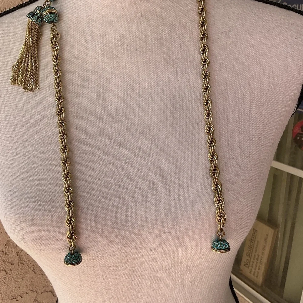 Heidi Daus Gold and Teal Tassel Necklace